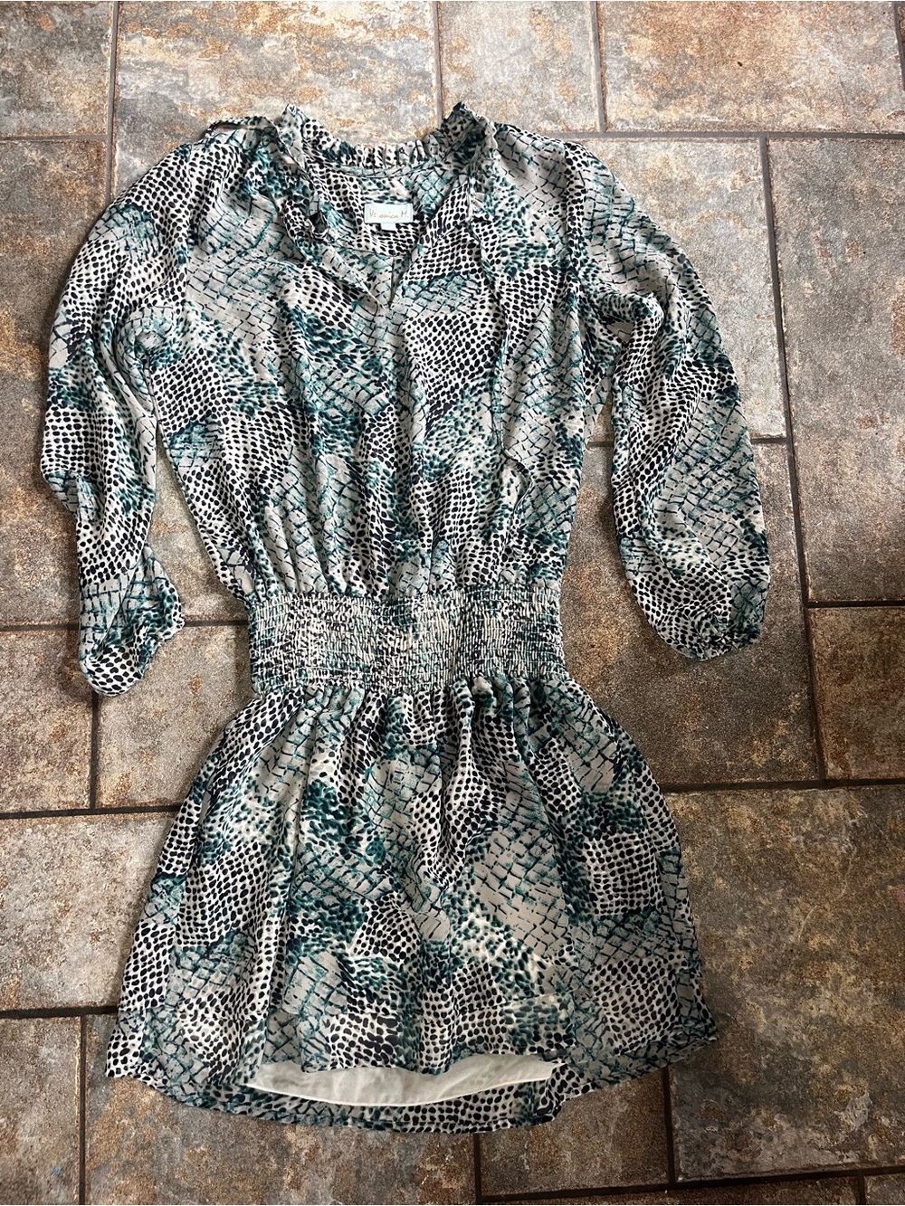 Veronica M Teal and Black Printed Smocked-Waist Mini Dress